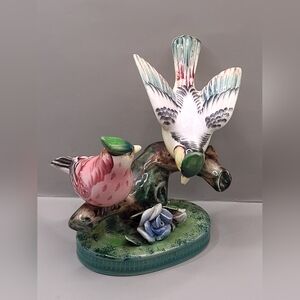 Vintage Hand-Painted Bird Figurine on Branch 1942 Ceramic